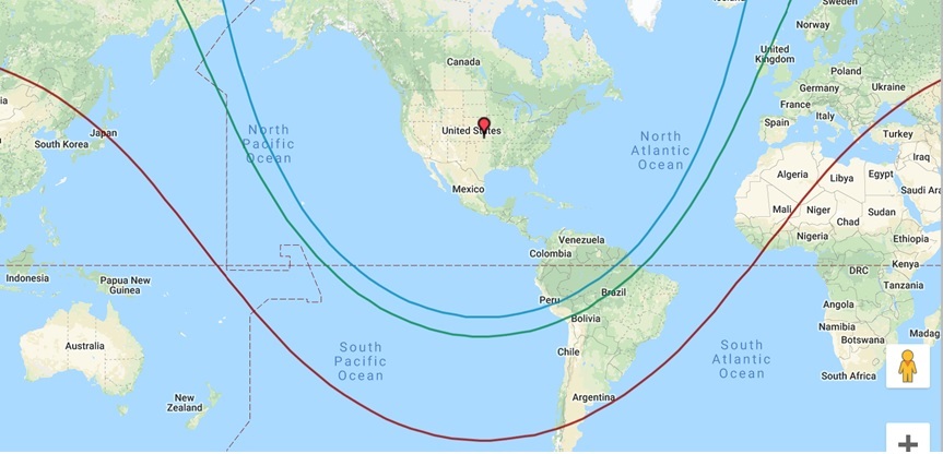 Four pax NBAA IFR Range for SkyFan 5200 nm (red), Gulfstream G280, 3,600 nm (green); Challenger 350, 3,250 nm (blue), with Boeing winds, centered on Wichita KS